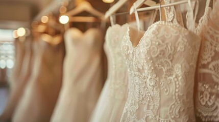 Elegant wedding dresses displayed on hangers in a boutique, showcasing intricate lace designs and luxurious fabrics for the perfect bridal look.