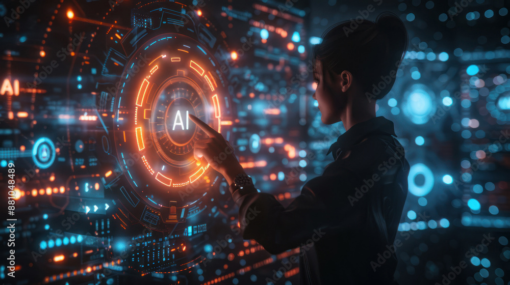 Poster a futuristic scene with a person interacting with a digital ai interface, surrounded by glowing data