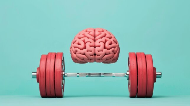 Brain and dumbbell concept emphasizing mental strength and physical fitness against a blue background.