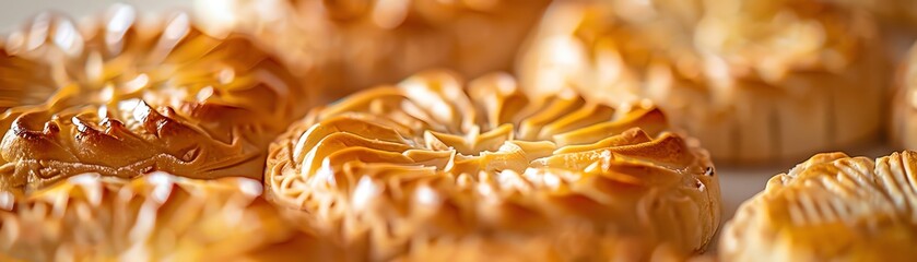A luxurious closeup of Azerbaijani shekerbura, showing its intricate, handpressed patterns and sweet filling, set against a minimalistic white background with soft lighting