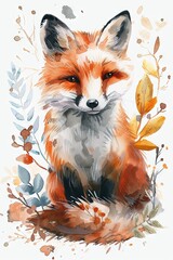 Obraz premium Adorable cartoon watercolor illustration forest fox in a circular foliage frame