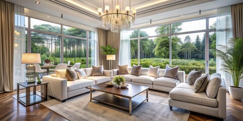 Modern Living Room with Sectional Sofa and Forest View,  Chandelier , Large Window ,  Sectional , Sofa , Forest , Living Room