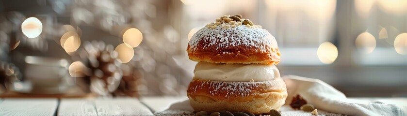 A luxurious image of a Swedish semla, with its soft, cardamomspiced bun and almond filling, set against an elegant backdrop with warm, ambient lighting