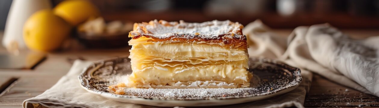A luxurious image of a Serbian kremsnita, with its layers of puff pastry and creamy custard, set against an elegant backdrop with soft, ambient lighting