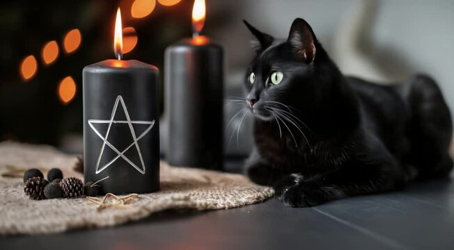 black cat lying on the table with black candles burning. 