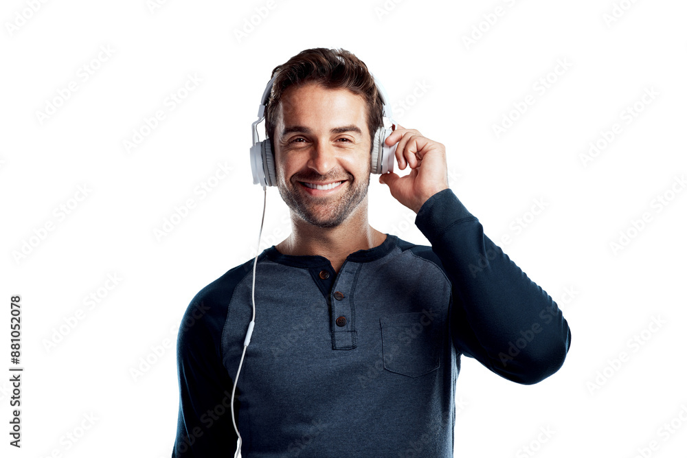 Poster man, happy and headphones for music in studio on white background for playlist and streaming platfor