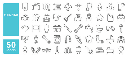 Set of 50 line icons related to plumbing, pipe, water meter, sink, heater, heating, toilet, shower, Editable stroke. Vector illustration