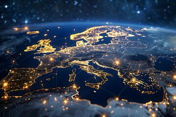 A digital map of Europe with glowing connections between cities, representing global network and connectivity across the European Union
