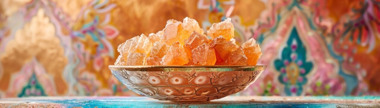 A luxurious image of Uzbek navat, with its crystallized sugar pieces arranged in a decorative bowl, set against a vibrant, colorful background with natural lighting