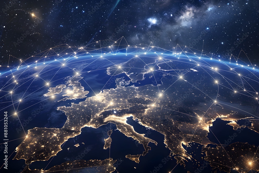 Poster a view of the earth from space with many glowing connections connecting different european countries