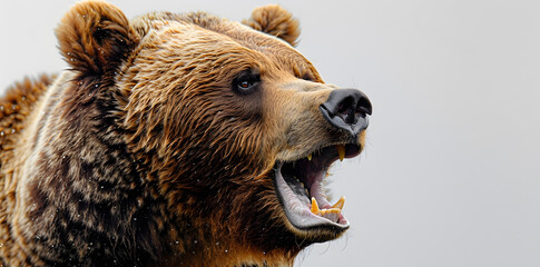 Obraz premium Close up portrait of big brown angry bear head, isolated on a white background