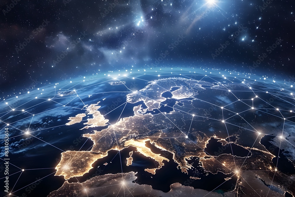 Poster a view of the earth from space with many glowing connections connecting different european countries