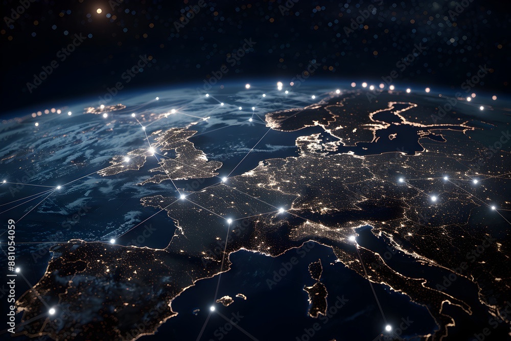 Poster a view of the earth from space with many glowing connections connecting different european countries