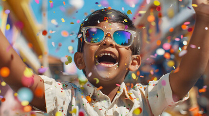 young indian boy wearing reflective sunglasses, happily playing among confetti and feathers on a caribbean street