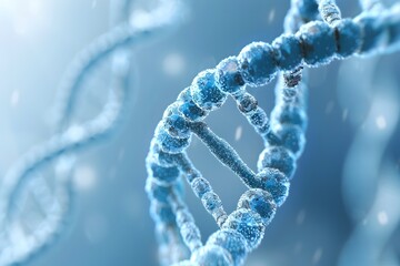 Close-up of double helix DNA structure, blue background. V plain