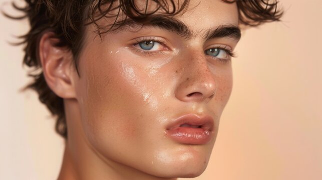 A young man with brown hair and blue eyes is applying skincare to his face.