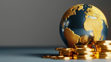 Earth globe in gold with gold coins, symbolizing business success and banking wealth, hyper-realistic and cinematic photo, realistic photo, cinematography, hyper realistic