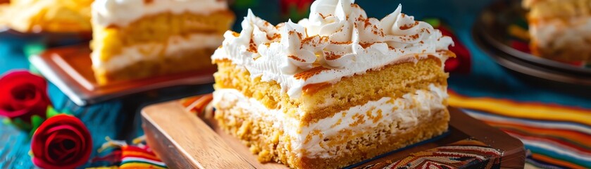 A vibrant shot of a Mexican tres leches cake, with its moist, milksoaked layers and whipped cream topping, placed on a traditional wooden board with colorful fiesta decorations