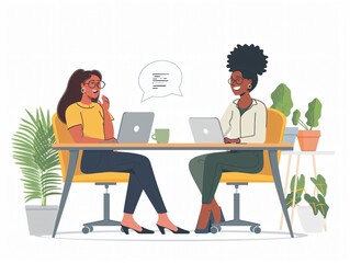 Fototapeta premium Two Women Engaged in a Friendly Conversation at a Modern Office Workspace