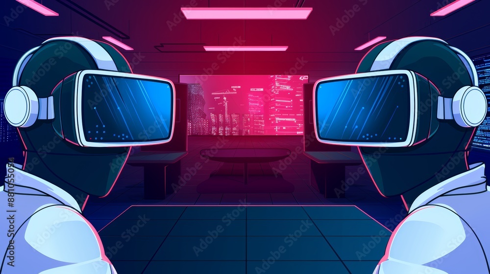Poster detailed cyber world flat design front view virtual reality theme cartoon drawing split-complementar
