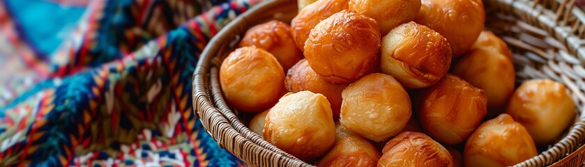A vibrant shot of Kazakh baursak, with its golden, fried dough balls arranged in a traditional wicker basket, with soft, natural lighting