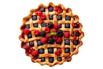 Freshly baked mixed berry pie with a stunning lattice crust isolated on white transparent background