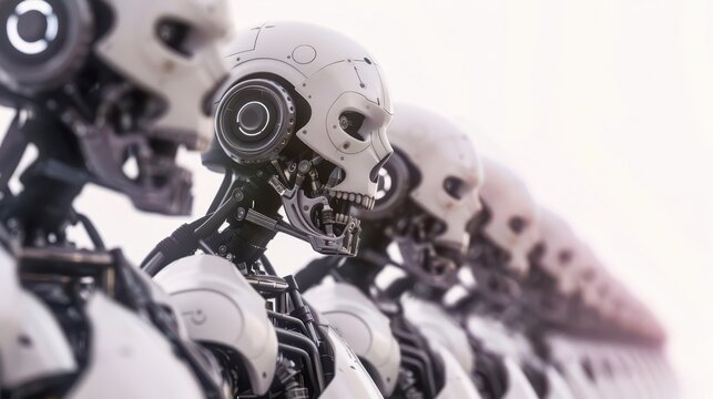 A Row of White, Mechanical Skulls in a Line, Looking Ahead
