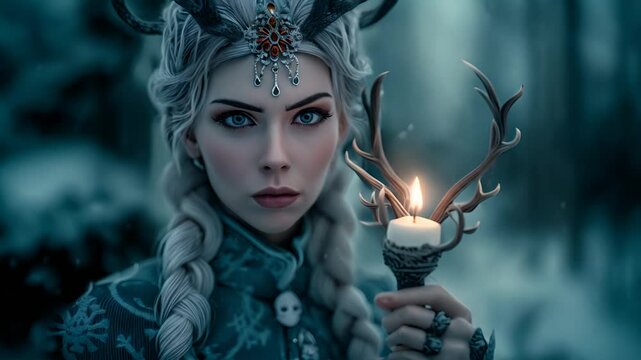 fantasy character woman holding a candle with antlers in the winter. 
