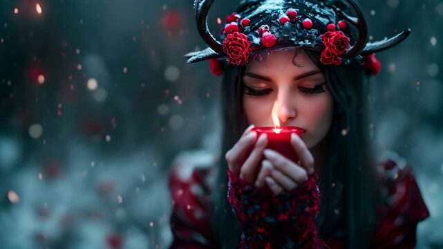 woman with a red flower wreath and antlers on her head is holding a red candle outside in winter. 