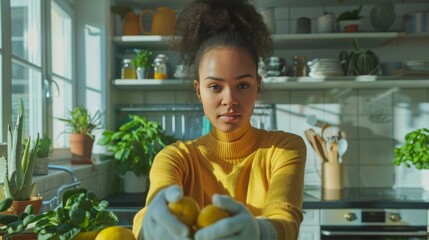 Obraz premium Radiant Young Multiracial Woman Preparing Organic Meal in Sunny Kitchen. Generative ai