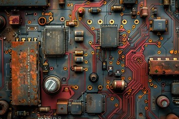 Fototapeta premium Close-up of an Old Rusty Circuit Board with Exposed Electronic Components and Traces