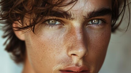 Fototapeta premium A young man with dark brown hair and freckles looks directly at the camera. His blue eyes are wide open. The lighting is soft and warm.