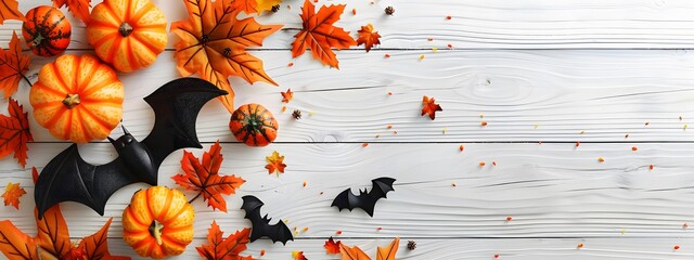 Halloween background with pumpkins, autumn leaves and bats