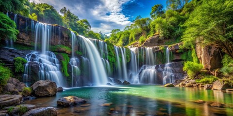 Obraz premium Serene Waterfall Cascading Through Lush Foliage, Long Exposure Photography, Tranquil River, Lush Greens, Waterfall, Nature, Landscape