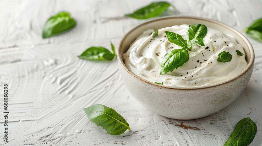 Sticker fresh sour cream with basil in a bowl on a white wooden surface