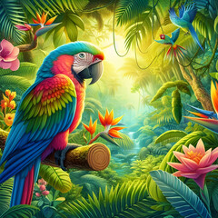 Fototapeta premium Vibrant parrots amidst lush foliage in a sunlit jungle