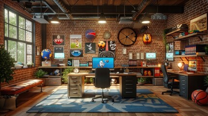 A sports-themed office with gym equipment, sports memorabilia, and active workstations.