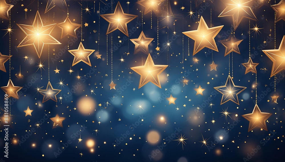 Poster golden stars dangle on strings against a dark blue background, creating a festive atmosphere