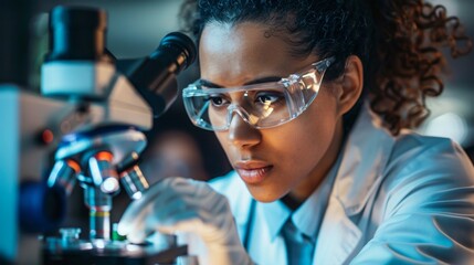 Focused Scientist Conducting Research with a Microscope in a Laboratory
