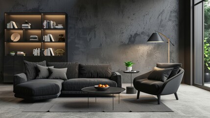 Modern living room interior, grey wall. Black 2 sitter sofa with cushion and one armchair, coffee table, bookshelves and lamp. Concrete floor. 3D rendering 