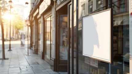 Retro style low-angle photo blank *sign label* mockup attached to the front of store glass and natural lighting, super realistic 4k highly detailed, UHD, 32k photorealistic, generative ai