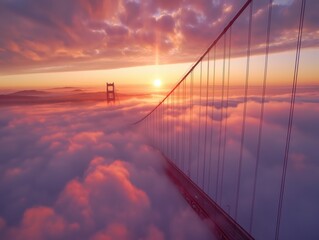 Fototapeta premium Golden gate bridge above clouds at sunset