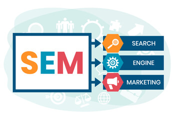 SEM - Search Engine Marketing acronym, Concept with keywords, letters and icons. Colored flat vector illustration. Isolated on white background.