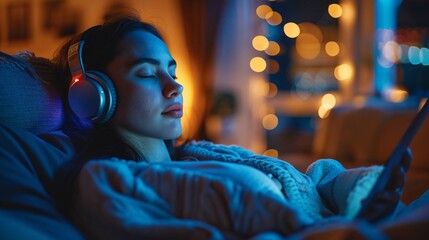 Obraz premium Woman Relaxing with Headphones in Cozy Ambient Lighting
