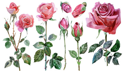 watercolor rose flowers isolated on white or transparent background