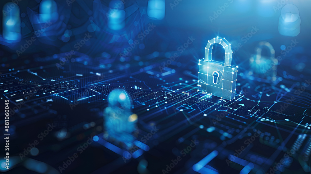 Poster cyber security, data protection, cyberattacks concept on blue background. database security software