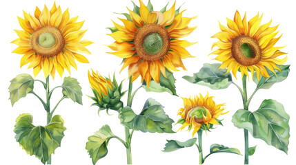 Obraz premium Collection of watercolor sunflowers isolated on white or transparent background