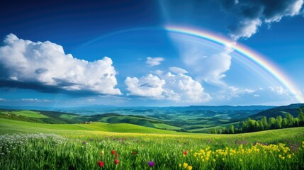 Fototapeta premium Bright rainbow over springtime countryside