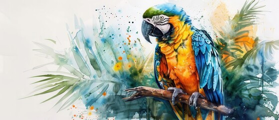 Fototapeta premium Watercolor painting of a colorful parrot perched on a branch.