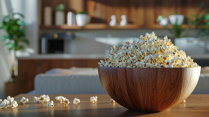 Large Wooden Bowl: The focal point is a sizable wooden bowl filled to the brim with freshly popped popcorn. The wood of the bowl is polished and has a natural, warm tone, complementing the golden colo